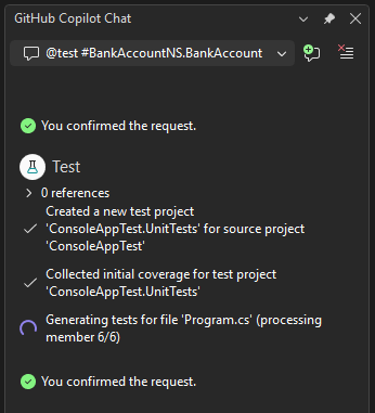 Screenshot of Copilot starting test generation.