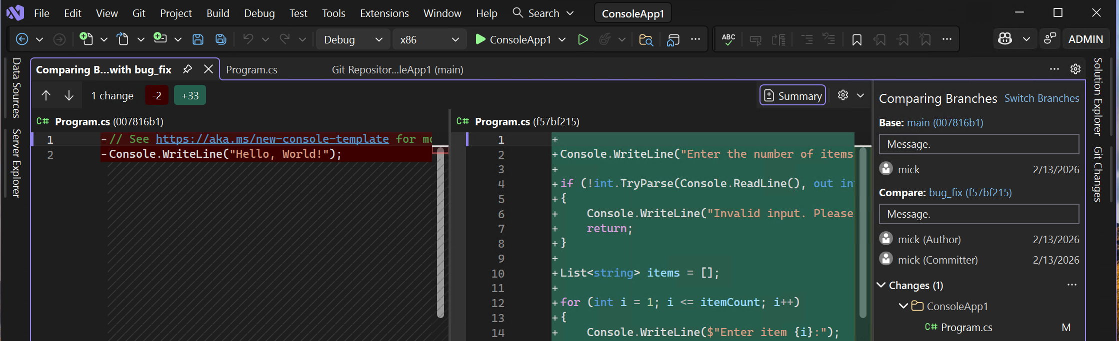 Screenshot that shows how to compare branches by using the diff view.
