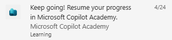 Screenshot of Copilot Academy Teams notification for existing users.