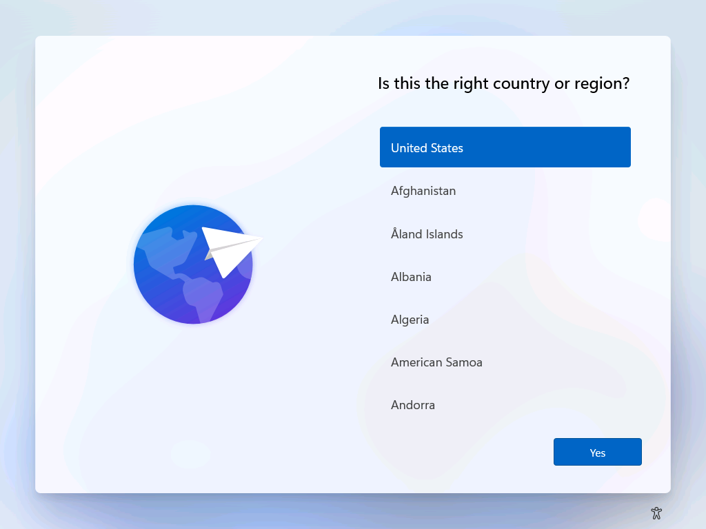 Screenshot that shows the country/region OOBE screen.