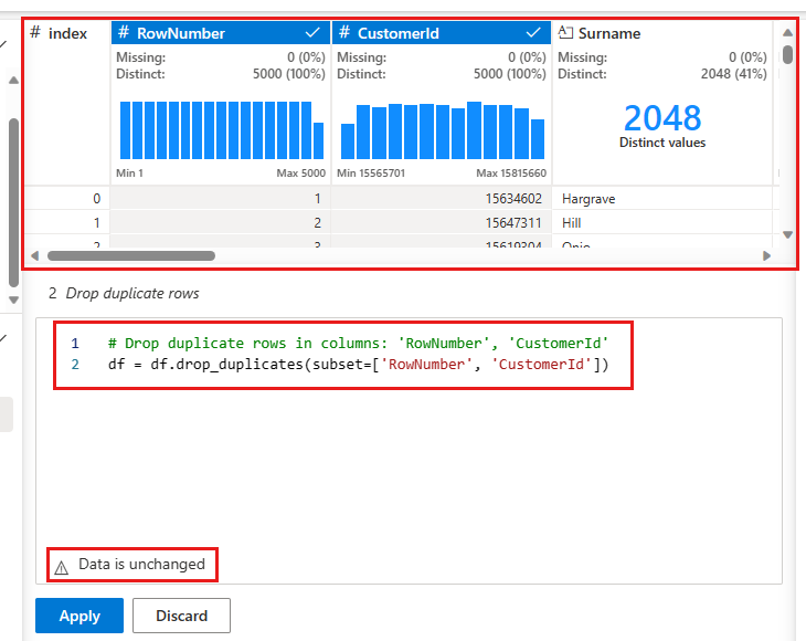 Näyttökuvassa näkyy rivien kaksoiskappaleiden pudottaminen Data Wrangler -toiminnossa.