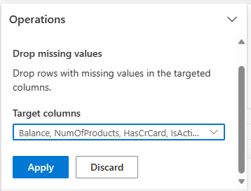 Näyttökuvassa näkyy puuttuvien rivien pudottaminen Data Wrangler -toiminnossa.