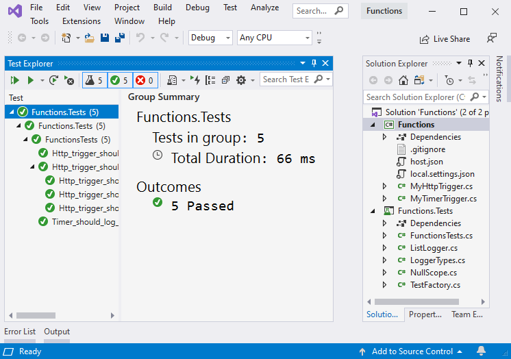 Screenshot di Visual Studio. Editor elenco dei test mostra che sono stati superati cinque test. In Esplora soluzioni sono visibili i progetti Funzioni e Functions.Test.