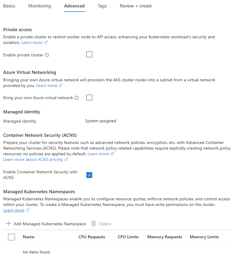 Screenshot della scheda Avanzate durante creazione di un cluster AKS automatico nel portale di Azure.