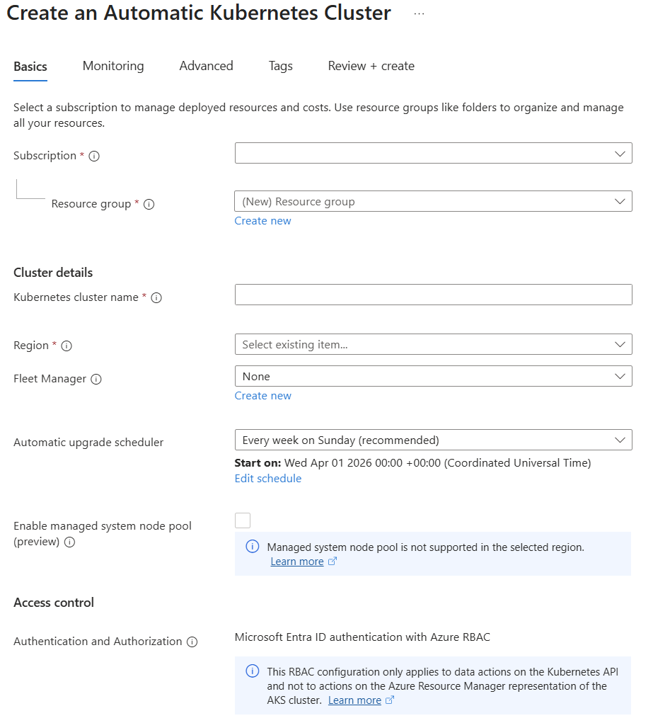 Screenshot della scheda Crea - Informazioni di base per un cluster AKS Automatico nel portale di Azure.