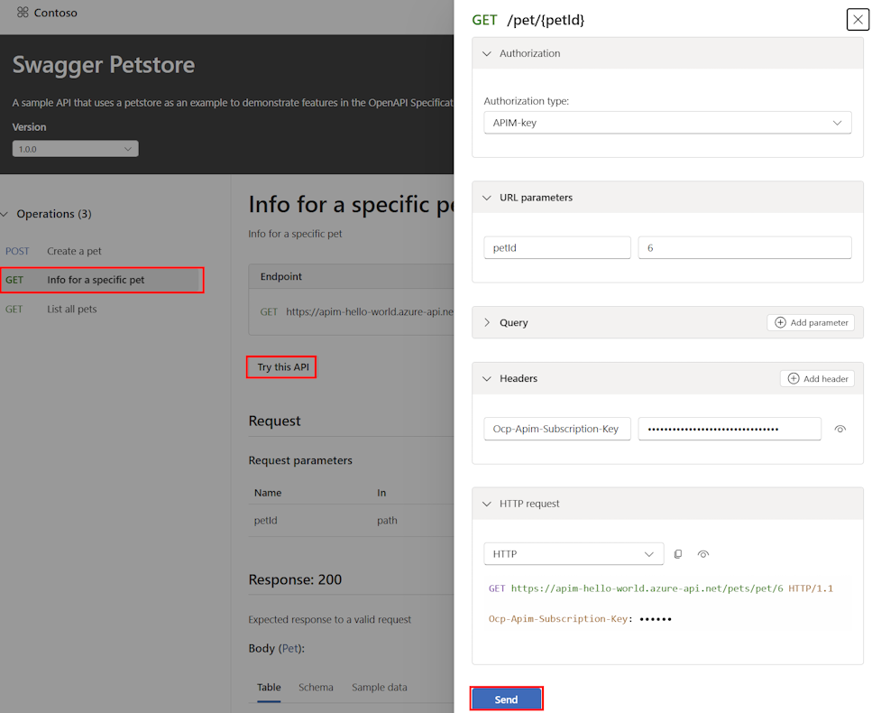 Screenshot del test di un'API nella console di test del portale di Centro API.