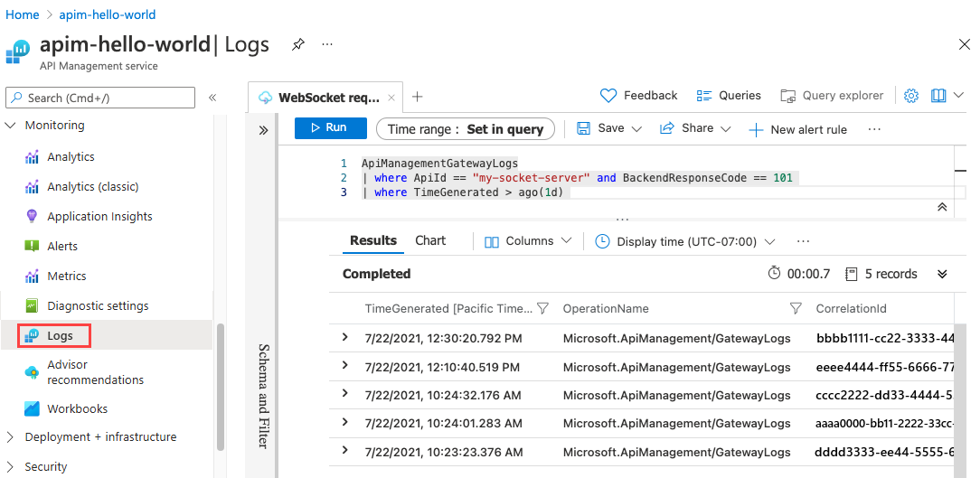 Screenshot che mostra i log delle query per le richieste API WebSocket.