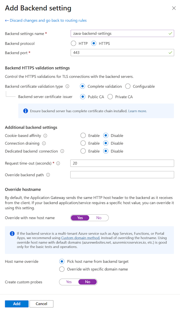 Screenshot che mostra come configurare le impostazioni back-end per una connessione al protocollo HTTPS nel portale di Azure.