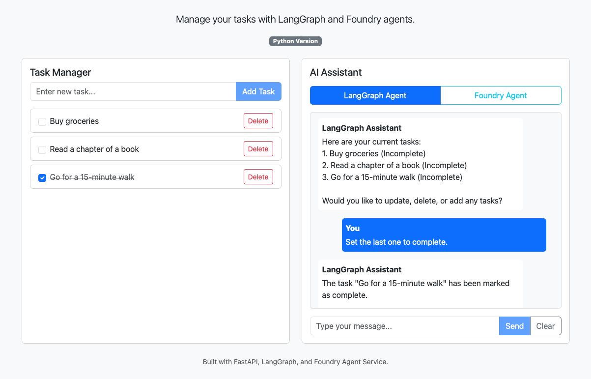 Screenshot di una sessione di completamento chat con un agente LangGraph.