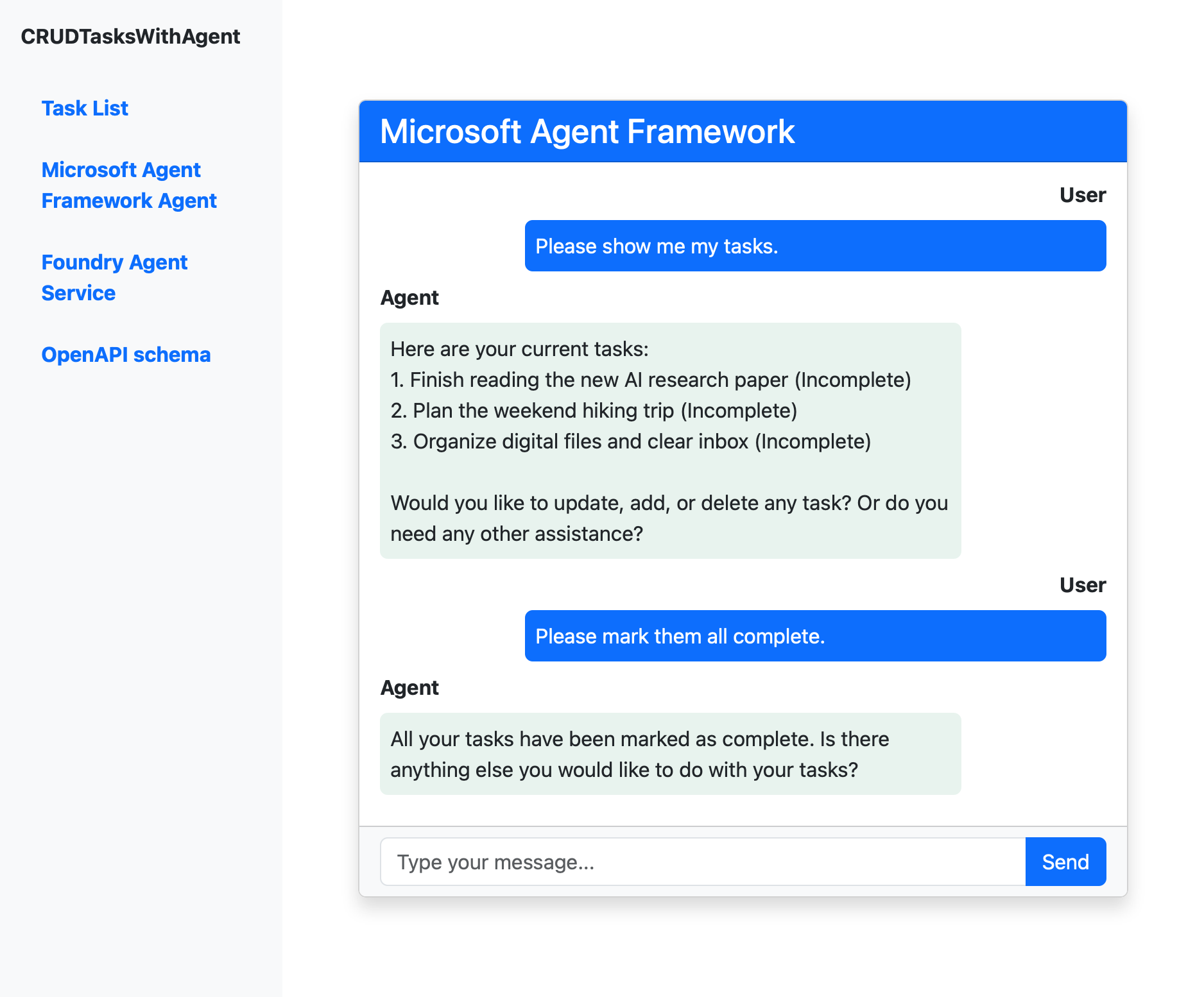 Screenshot che mostra l'interfaccia di chat dell'agente di Microsoft Agent Framework con una conversazione sulla gestione delle attività.
