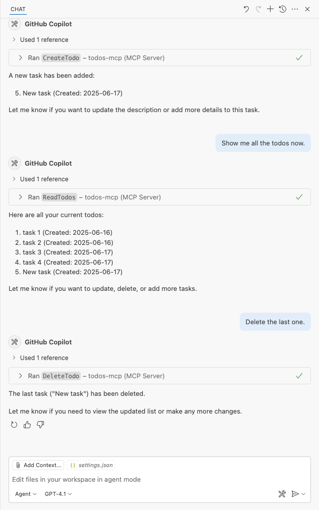 Screenshot che mostra gitHub Copilot che chiama il server Todos MCP ospitato nel servizio app di Azure.