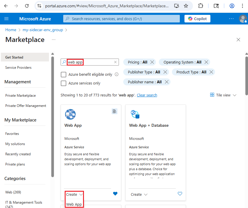 Screenshot che mostra la pagina di Azure Marketplace con l'app Web in cui viene eseguita la ricerca e il pulsante Crea app Web evidenziato.