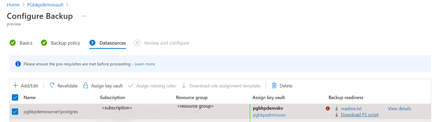 Screenshot che mostra un insieme di credenziali di backup che accede ai segreti da un insieme di credenziali delle chiavi.
