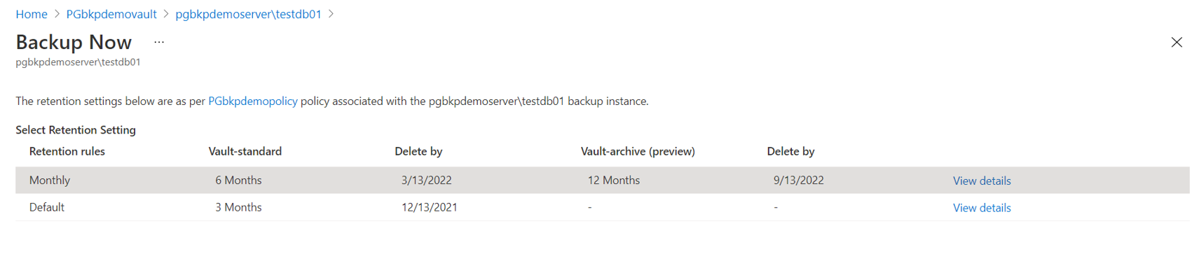 Screenshot che mostra le regole di conservazione definite in una policy di backup.