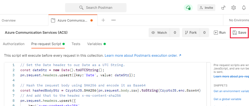 Screenshot che mostra il pulsante Salva dello script di pre-richiesta di Postman.