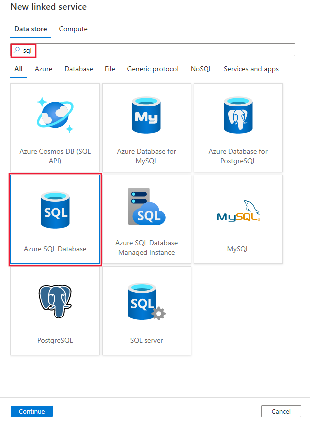 Seleziona il connettore di database SQL di Azure.