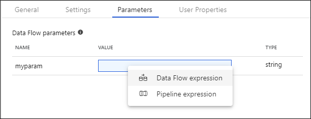 Lo screenshot mostra la scheda Parametri con l'espressione del flusso di dati selezionata per il valore di myparam.