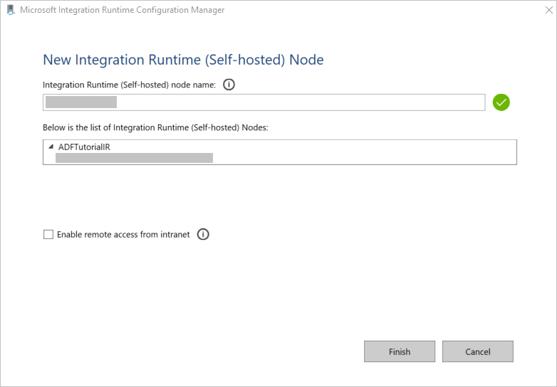 Nuova finestra di Integration Runtime Node