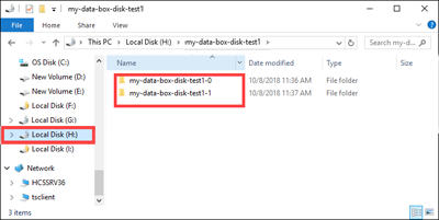 Screenshot che mostra due sottocartelle create corrispondenti ai dati in formato block blob e page blob.