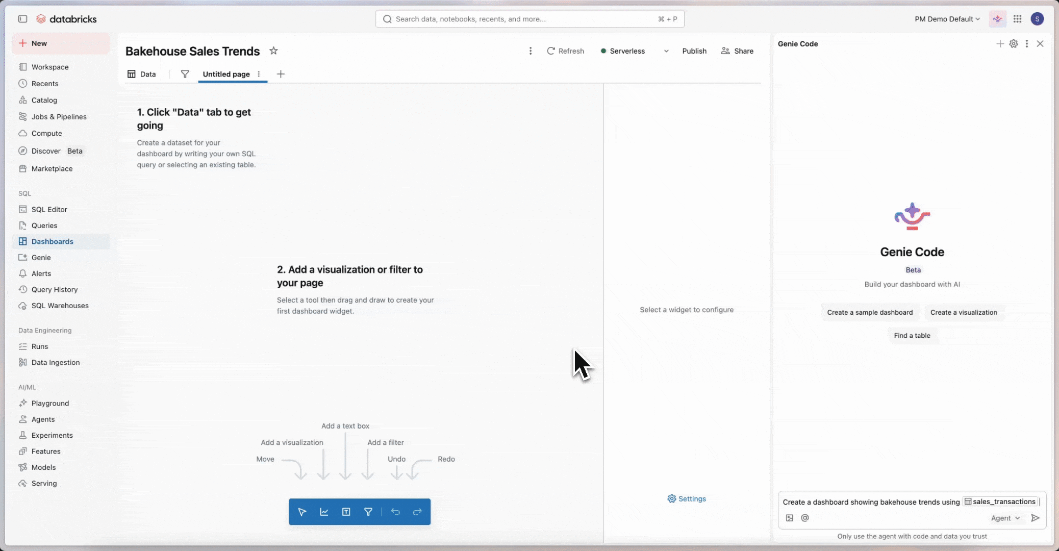 Demo dell'agente di creazione del dashboard.