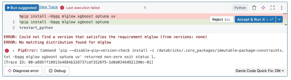 Schermata dell'interfaccia utente di correzione in linea dei bug di Genie Code.