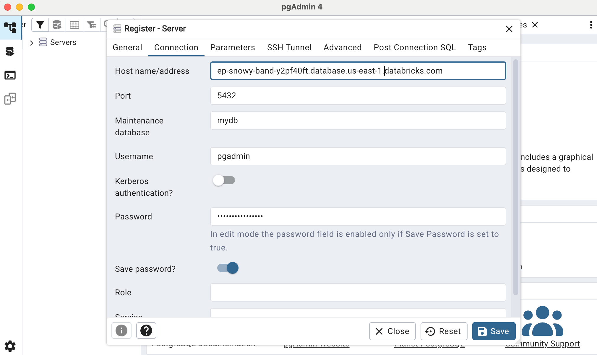 Dettagli della connessione pgadmin