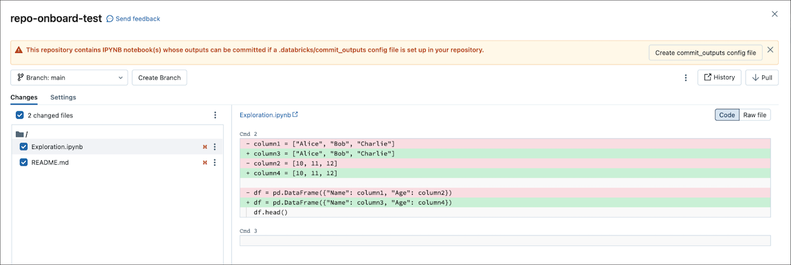 interfaccia utente per il commit del notebook: pulsante Crea file commit_outputs.