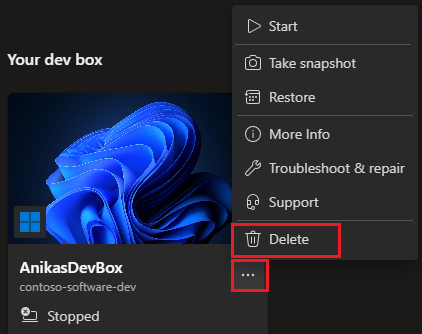 Screenshot del portale per sviluppatori che mostra il menu azioni per una dev box con l'opzione Elimina selezionata.