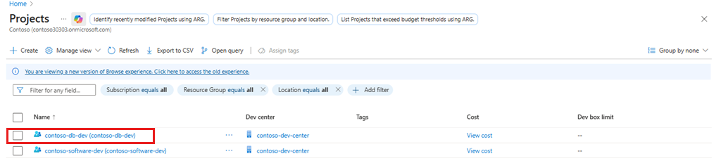 Screenshot dell'elenco dei progetti esistenti.