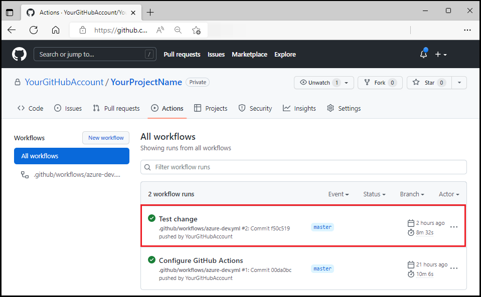 Screenshot del flusso di lavoro di GitHub in esecuzione dopo l'aggiornamento del test.