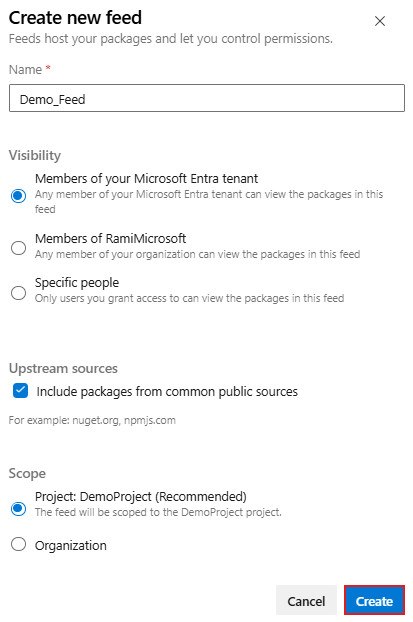 Screenshot che mostra come creare un nuovo feed in Azure DevOps Services.