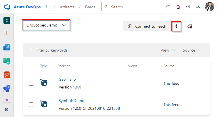 Screenshot che mostra come accedere alle impostazioni del feed in Azure Artifacts.
