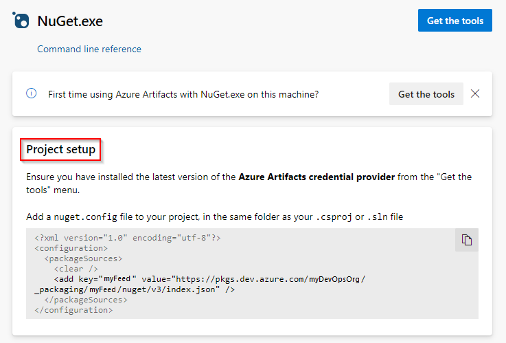 Screenshot che mostra come configurare il progetto e connettersi al feed in Azure DevOps Services.