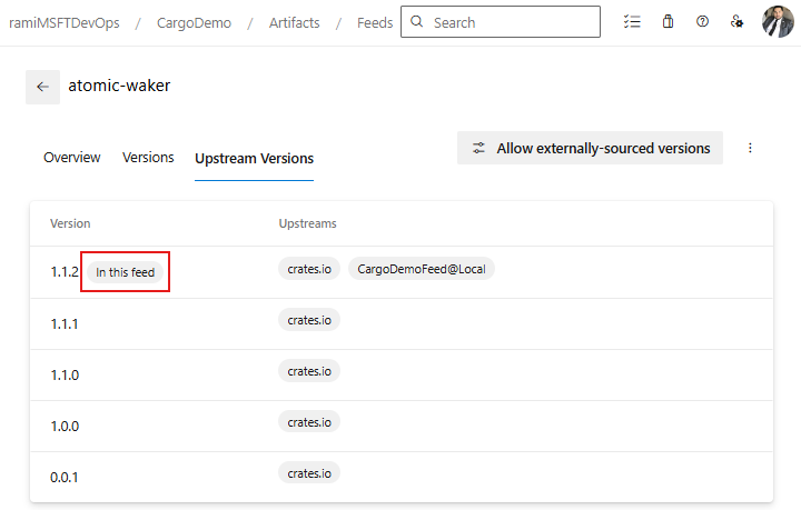 Screenshot che mostra la versione salvata da upstream.