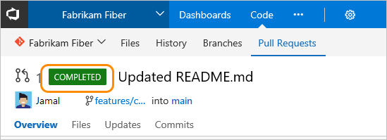 Screenshot che mostra la notifica di completamento della pull request.