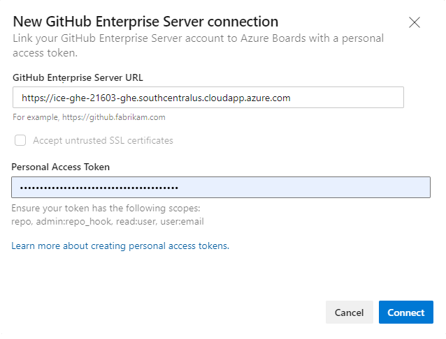 Screenshot di Nuova connessione GitHub Enterprise, finestra di dialogo connessione token di accesso personale.