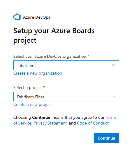 Screenshot mostra la pagina Configura il progetto Azure Boards in cui si seleziona un'organizzazione e project.