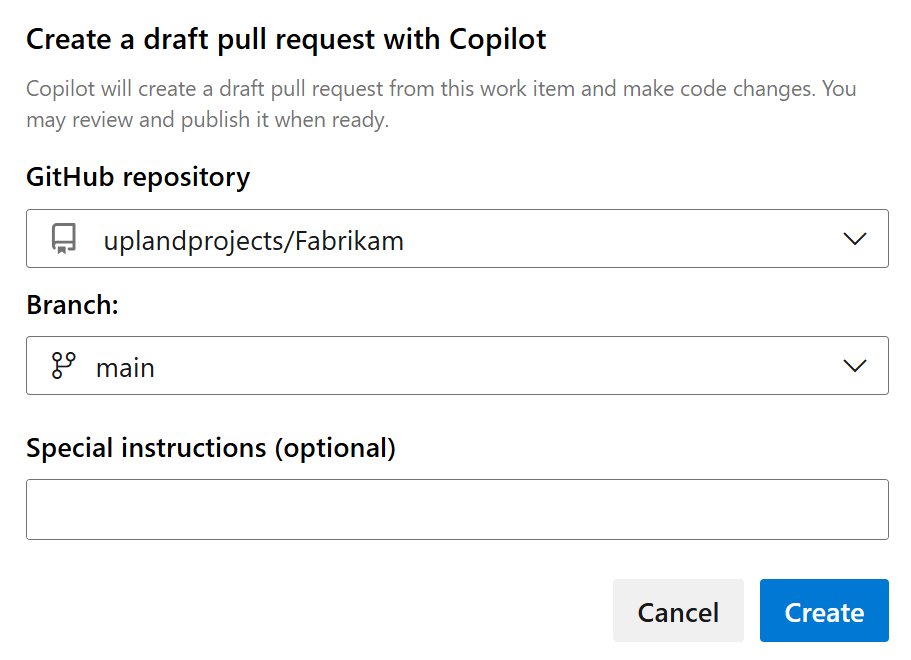 La screenshot mostra i menu a discesa per il repository e il ramo, per la creazione di una bozza di pull request con Copilot.