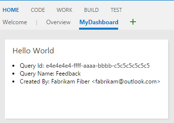 Screenshot della dashboard di panoramica con un widget di esempio che utilizza l'API REST per WorkItemTracking.