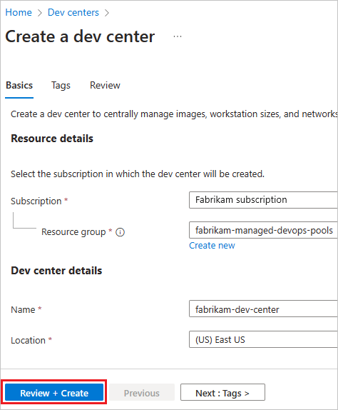 Screenshot di Creare un centro sviluppo.