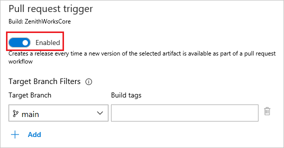 Una schermata che mostra come abilitare i trigger delle richieste di pull nelle pipeline di rilascio classico.