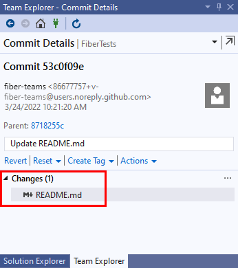 Schermata della finestra dei Dettagli del commit in Visual Studio 2019.