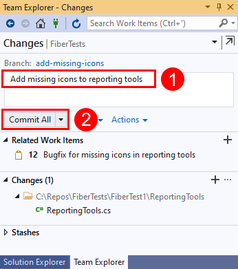 Screenshot del testo del messaggio di commit e del pulsante 'Commit All' in Visual Studio 2019.