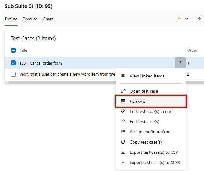 Screenshot che mostra il caso di test eliminato.