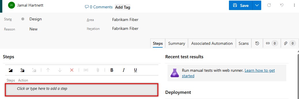 Screenshot che mostra i passaggi inseriti per un test case.
