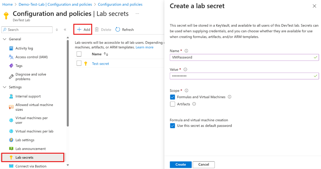 Screenshot dei segreti del lab in Azure DevTest Labs.