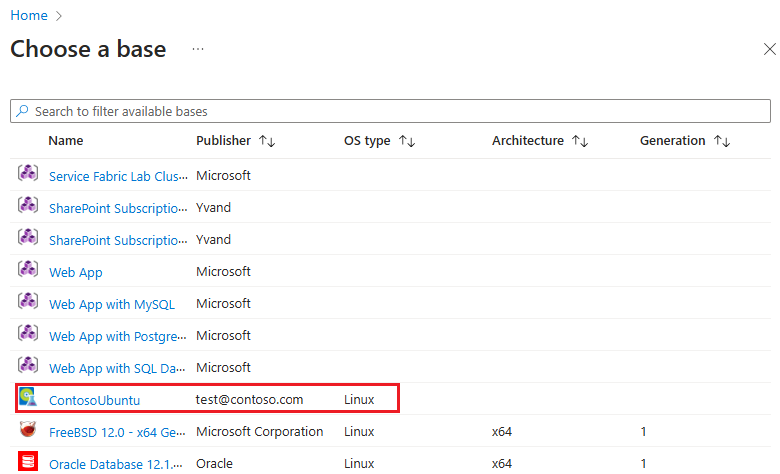 Screenshot che mostra le immagini personalizzate disponibili nell'elenco delle immagini di base.