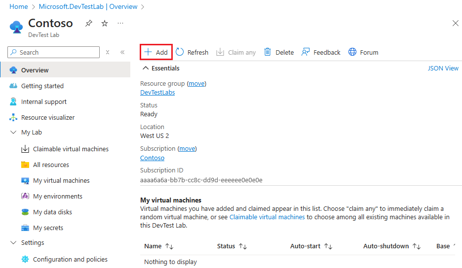 Screenshot di una pagina riepilogo del laboratorio con l'opzione 'Aggiungi' evidenziata.
