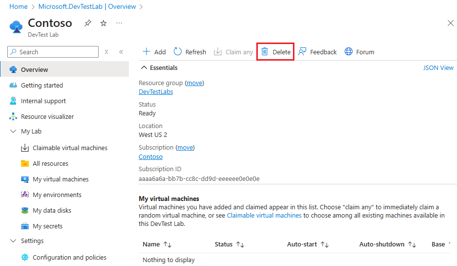 Screenshot del pulsante Elimina del lab.