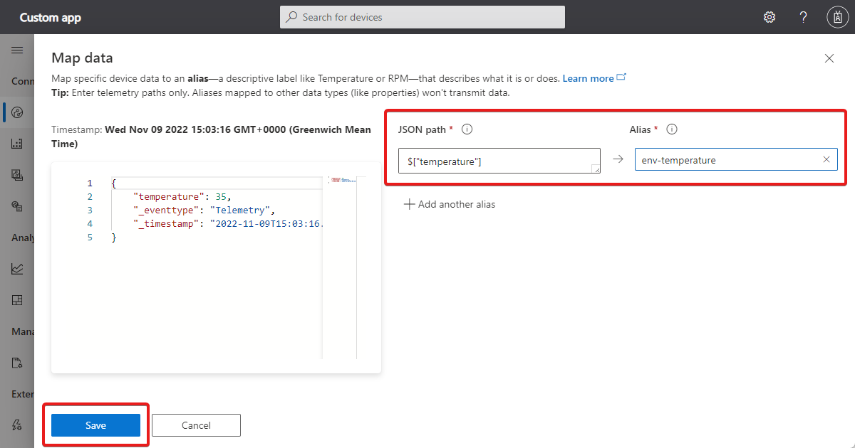 Screenshot della visualizzazione **Mappa dati** che mostra il percorso e l'alias Json.